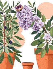 Charming botanical illustration of an olive tree and flowering lilac plant in terracotta pots, symbolizing peace and new growth