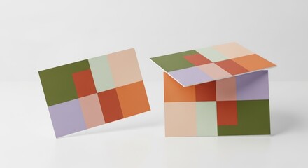 Creative layout showcasing a colorful geometric grid pattern on both a flat card and a folded paper box, representing a modern branding concept