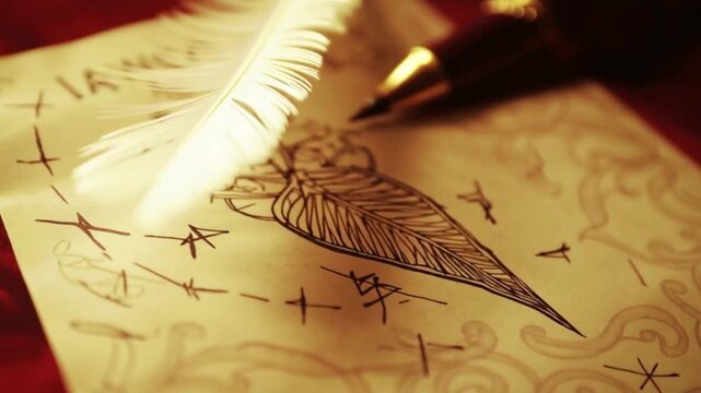 Slow motion close up of vintage feather quill and ink pen drawing intricate sketch on parchment paper, old manuscript artistic scene, creative calligraphy concept, antique writing symbolism footage