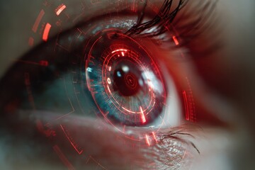 ai coded identity glowing biometric eye abstract surveillance scan futuristic cyber recognition post digital human profile layered with neural network data machine vision portrait