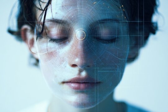 glowing biometric circle on forehead of young woman ai coded identity artwork showing algorithmic scanning interface layered human data and artificial identity construction in cyberspace