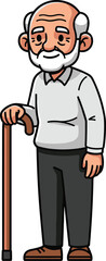 Cartoon elderly man standing with cane, smiling face, grey outfit, white beard, senior citizen character, aging, wisdom, retirement life.