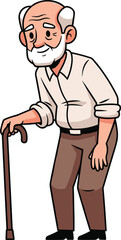 Cartoon elderly man standing with cane, wearing casual clothes, white hair and beard, representing aging, wisdom, and senior lifestyle illustration.