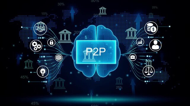 Peer to Peer P2 P Finance Network Global Connection Digital Brain Technology Concept with Icons for Business Law Security and Growth