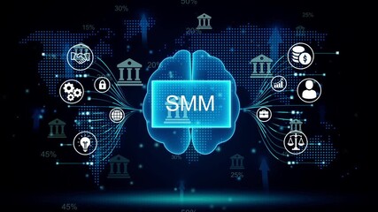 S M social media marketing brain network global strategy digital technology business growth finance and law icons with world map and data analysis - Powered by Adobe