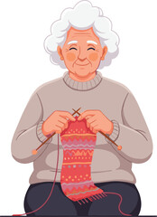 Elderly woman knitting colorful scarf, white hair, cozy sweater, smiling face, traditional hobby, relaxing activity, handmade craft, creativity, senior enjoying pastime.