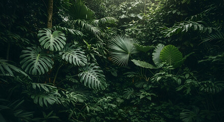 Lush Green Tropical Jungle Foliage. Dense Rainforest Undergrowth with Exotic Leaves and Soft Light.