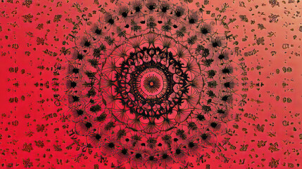 A complex radial pattern with a central focal point on a textured red and brown gradient background art design