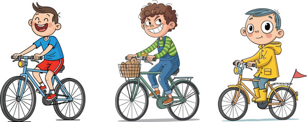 Happy kids riding bicycles, cartoon boys cycling outdoors, playful childhood moments, fun bike ride illustration, perfect for children’s design projects.
