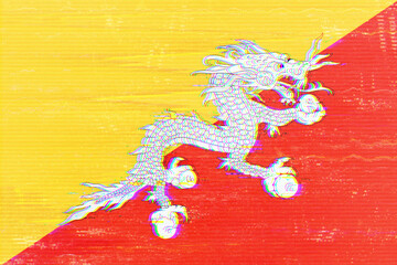 Vibrant artwork showcasing the druk (thunder dragon) from Bhutanese folklore, rendered with a modern, digital glitch art style, set against a split yellow and red background, evokes a