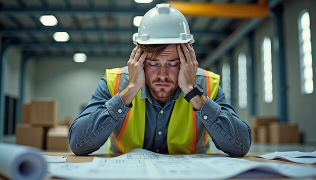 Male engineer in safety vest feeling responsibility overload at construction site office with blueprints