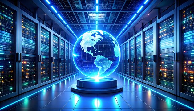 A digital globe radiates light within a high-tech server room, emphasizing global data connectivity
