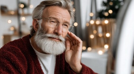 Elderly man with a beard sits thoughtfully at home during the holiday season surrounded by warm lighting