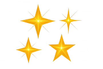 Four gold shining stars sparkling on a transparent background, ideal for christmas, festive or celebratory designs
