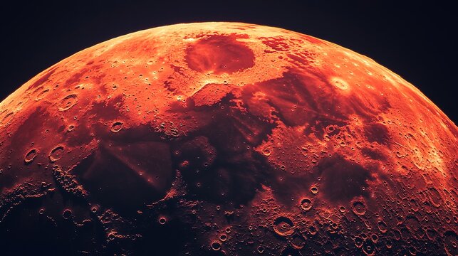 Ultra-sharp close-up of a red Moon's Tycho crater during eclipse, faint red-orange light highlighting elevation changes. --ar 16:9 --v 6.1 Job ID: 9a48ae06-e225-4dc1-89bb-e811d4752164
