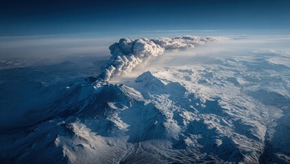 Fototapeta premium Aerial View of a Volcanic Eruption in a Snow-Covered Mountain Range