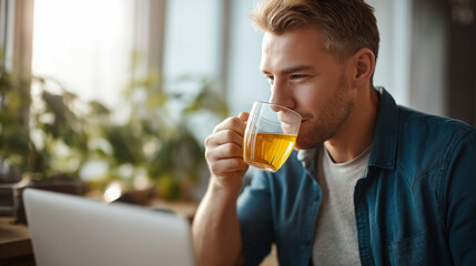 Fototapeta premium A young man sips jasmine tea from a glass cup his laptop open to an online coding course his cozy home filled with the scent of brewing tea morning light streaming through a bay