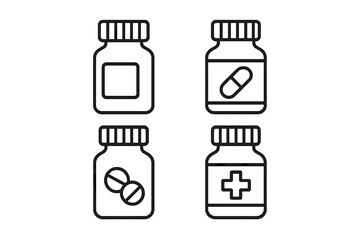 Medicine bottle icon set. Pill, capsule, and tablet container symbols. Pharmacy, drug store, and healthcare graphic elements. Editable stroke vector for web and apps.