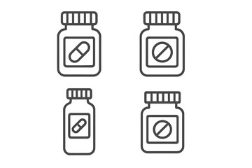Pill bottle medicine icon set. Thin line art symbols. Editable stroke vector. Pharmacy, medication, and healthcare concept. Drug container with capsule or tablet. No drugs sign.