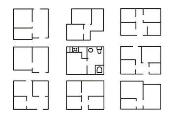 Floor plan line icon set. Simple architectural blueprint layouts. Minimalist house and apartment schematic symbols for real estate, construction and interior design projects.