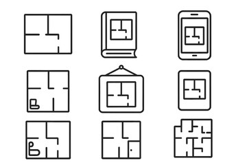 Floor plan line icon set for architecture and real estate business. House layout, apartment blueprint symbols for web, book, app UI. Editable stroke vector pictogram collection.