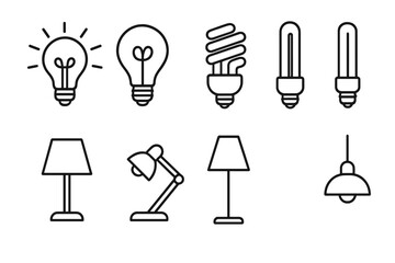 Light bulb lamp line icon set. Idea, innovation, creativity symbol. Electricity and energy concepts. Editable stroke vector outline pictogram collection for web and print.