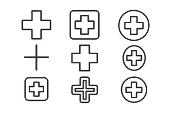 Fototapeta premium Medical plus and hospital cross icon set. First aid emergency symbol collection. Thin line vector icons for health care, medicine, pharmacy, clinic, web, and mobile apps.