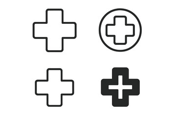 Medical cross plus sign icon set. Hospital, pharmacy symbol collection. First aid, health care concept. Medicine, emergency, doctor sign. Vector for web, UI, app design.