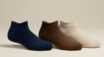 Trio of Ribbed Ankle Socks in Navy, Brown, and Beige
