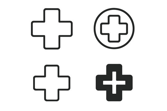 Medical cross plus sign icon set. Hospital, pharmacy symbol collection. First aid, health care concept. Medicine, emergency, doctor sign. Vector for web, UI, app design.