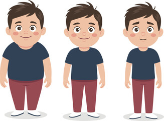 Cartoon Boy Body Transformation Vector Set – Fat to Fit to Thin with Different Emotions – Health, Fitness, and Weight Loss Concept