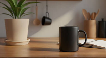Matte Black Mug with Notebook in Cozy Kitchen Scene