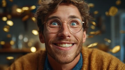 Financial Euphoria: A close-up portrait of a delighted man with wide eyes and a joyous smile, coins flying around him, symbolizing the exhilaration of wealth and financial success.