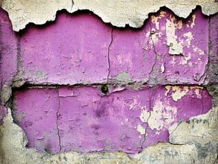 Obraz premium Close-up of a weathered wall with peeling purple paint, revealing the underlying brick and mortar. The paint shows significant cracking and deterioration