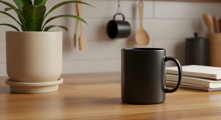 Matte Black Mug with Notebook in Cozy Kitchen Scene