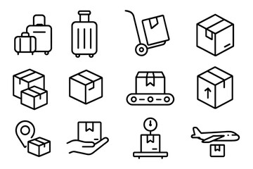 Shipping and logistics icon set. Parcel delivery service, baggage and luggage transportation outline icons. Vector linear collection for cargo and freight. Editable stroke.