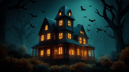 Fototapeta premium Haunted House at Night: A foreboding scene unfolds, a vintage house stands with lights burning in windows, framed by silhouettes of bare trees and a swarm of bats against the deep blue sky.