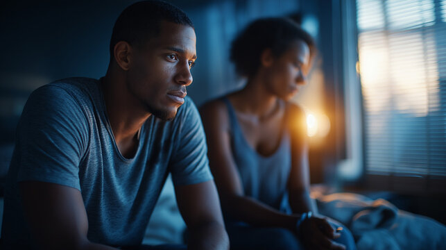 A young man and his Black girlfriend sit in tense silence on their bed their eyes avoiding each other after a quarrel morning light dim through heavy blinds a forgotten phone