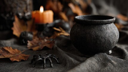 Spooky Halloween Still Life: Black Cauldron, Spiders, and Autumn Leaves