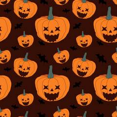 Vector seamless pattern with scary pumpkin faces and bats for Halloween on dark background, emotional pumpkins, Happy Halloween, trick or treat wallpaper, wrapping paper