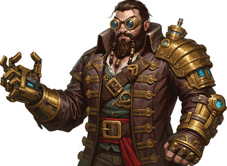 Steampunk engineer with mechanical arm, brass armor, goggles, futuristic inventor, Victorian era sci-fi, fantasy character, mechanical gadget, industrial revolution design