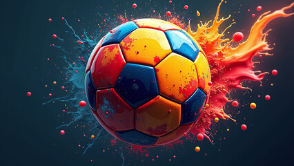 Fototapeta premium Multicolor soccer ball erupts through splash of kinetic paint. 
