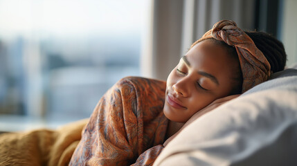 From a high angle a young Black woman sleeps peacefully in her bed her braided hair tucked under a silk scarf morning light glowing softly through a window a soft throw blanket
