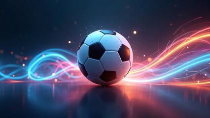 Fototapeta premium Soccer ball glows amid swirling neon trails of energy. 