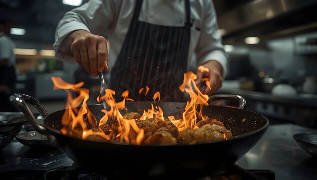 Chef flames food in wok during culinary preparation