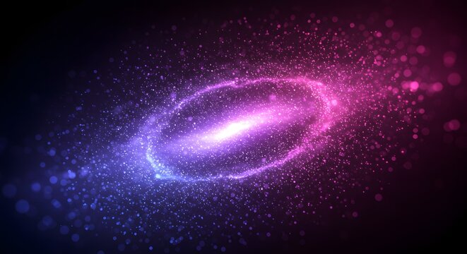 A swirling colorful galaxy in a dark cosmic setting with a bright center and radiating particles - Powered by Adobe