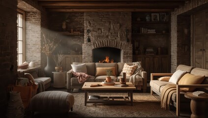 Cozy rustic living room with roaring fireplace, warm lighting and comfortable seating