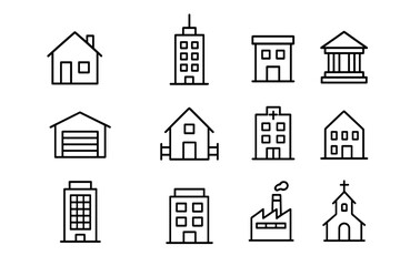 Building line icon set. Minimalist outline pictograms for architecture and real estate. Editable stroke vector symbols include house, office, bank, hospital, factory, and church.