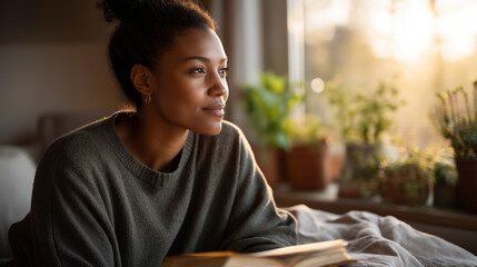 A young Black woman sits in her bedroom her eyes gazing thoughtfully into the distance morning light soft through a window with potted herbs a worn journal open beside her morn