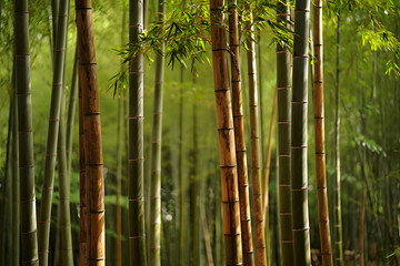 Lush green bamboo forest with sunlight filtering through the leaves and a serene wood landscape